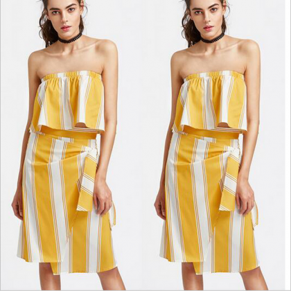 Yellow And White Striped Two-piece Dress Featuring..