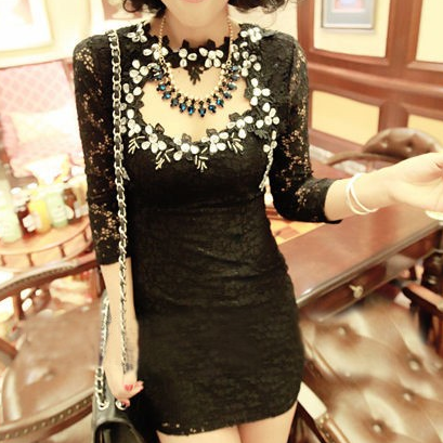 Lace Pearl Diamond Package Hip Dress