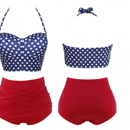 Polka Dots Two-piece Bikini Featuring Halter Strap..