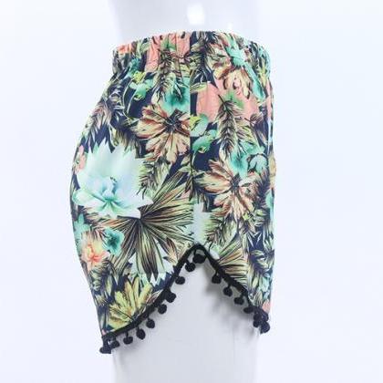 Floral Print Elasticised Shorts Featuring Pom-poms..